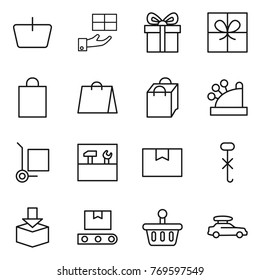 Thin line icon set : basket, gift, shopping bag, cashbox, cargo stoller, tools, package box, do not hook sign, transporter tape, car baggage