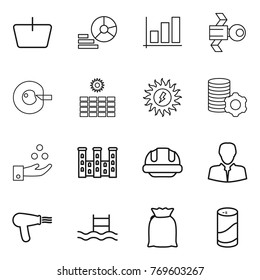 Thin line icon set : basket, diagram, graph, satellite, cell corection, sun power, virtual mining, chemical industry, palace, building helmet, client, hair dryer, pool, flour, cleanser powder