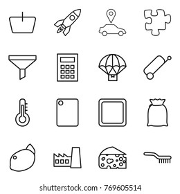 Thin line icon set : basket, rocket, car pointer, puzzle, funnel, calculator, parachute delivery, suitcase, thermometer, cutting board, flour, lemon, factory, cheese, brush