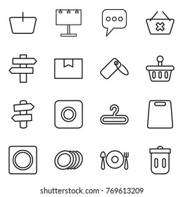 Thin line icon set : basket, billboard, message, delete cart, singlepost, package box, label, signpost, ring button, hanger, cutting board, plates, fork spoon plate, trash bin