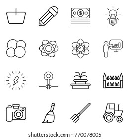 Thin line icon set : basket, pencil, money, bulb, atom core, presentation, lightning, laser, fountain, gothic architecture, camera, broom, fork, tractor