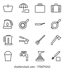 Thin line icon set : basket,, suitcase, kettle, pan, garlic clasp, fork, axe, bucket, water tap, plunger, toilet brush