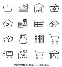 Thin line icon set : basket, money, warehouse, add to, delete cart, store, market, sale, heavy, pallet, fast deliver, credit card