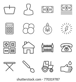 Thin line icon set : basket, man, money, calculator, atom core, rocket, lightning, home, gothic architecture, phone, iron board, big spoon, tractor, hand drop