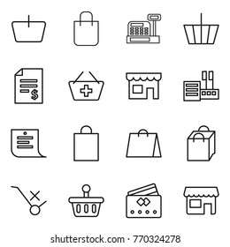 Thin line icon set : basket, shopping bag, cashbox, account balance, add to, shop, store, list, do not trolley sign, credit card