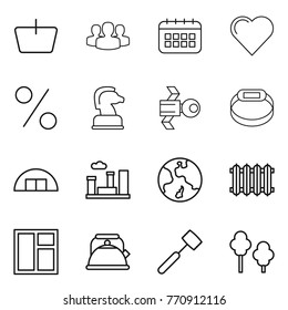 Thin line icon set : basket, group, calendar, heart, percent, chess horse, satellite, smart bracelet, hangare, city, earth, radiator, window, kettle, meat hammer, trees