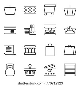 Thin line icon set : basket, money, delivery, credit card, store, market scales, shopping list, bag, heavy, rack