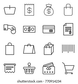 Thin line icon set : basket, receipt, money bag, shopping, hand coin, credit card, account balance, bar code, atm, cart