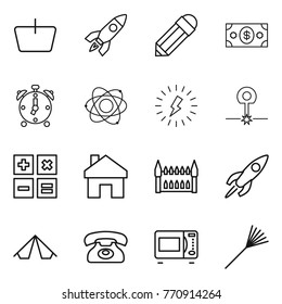 Thin line icon set : basket, rocket, pencil, money, alarm clock, atom, lightning, laser, calculator, home, gothic architecture, tent, phone, microwave oven, rake