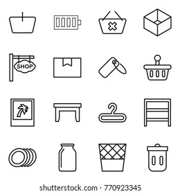 Thin line icon set : basket, battery, delete cart, box, shop signboard, package, label, photo, table, hanger, rack, plates, bank, trash bin