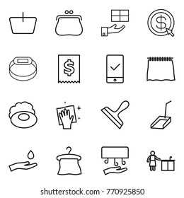 Thin line icon set : basket, purse, gift, dollar arrow, smart bracelet, tax, mobile checking, curtain, soap, wiping, scraper, scoop, hand and drop, hanger, dryer, kitchen cleaning