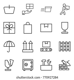Thin line icon set : basket, gift, delivery, courier, shopping bag, package box, fragile, dry cargo, top sign, transporter tape, pallet, broken, safe, repair tools, construct garbage