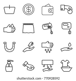Thin line icon set : basket, dollar, wallet, hand coin, acid, curtain, mixer, horseshoe, leaf, sow, and drop, liquid soap, wiping, dryer, handle washing