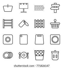 Thin line icon set : basket, billboard, battery, singlepost, rack, label, pallet, ring button, cutting board, plates, fork spoon plate, trash bin