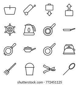 Thin line icon set : basket, suitcase, baggage get, handwheel, kettle, pan, fork, bucket, pruner, duster