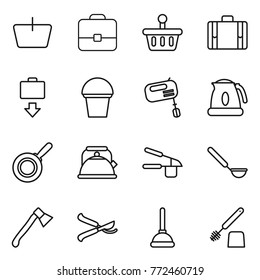 Thin line icon set : basket, portfolio, suitcase, baggage get, bucket, mixer, kettle, pan, garlic clasp, ladle, axe, pruner, plunger, toilet brush