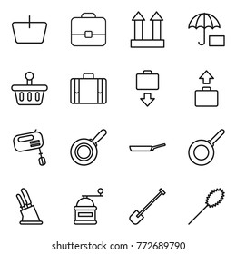 Thin line icon set : basket, portfolio, cargo top sign, insurance, suitcase, baggage get, mixer, pan, knife holder, hand mill, shovel, duster
