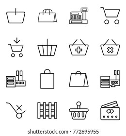 Thin line icon set : basket, shopping bag, cashbox, cart, add to, delete, store, mall, do not trolley sign, pallet, credit card