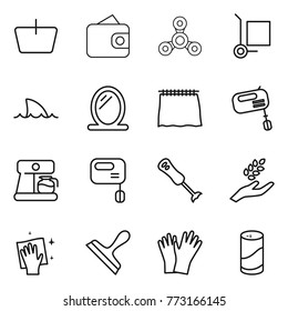 Thin line icon set : basket, wallet, spinner, cargo stoller, shark flipper, mirror, curtain, mixer, coffee maker, blender, harvest, wiping, scraper, gloves, cleanser powder