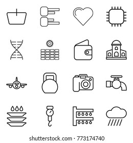 Thin line icon set : basket, diagram, heart, chip, dna, sun power, wallet, mansion, plane, heavy, camera, water tap, plate washing, handle scales, watering, rain cloud