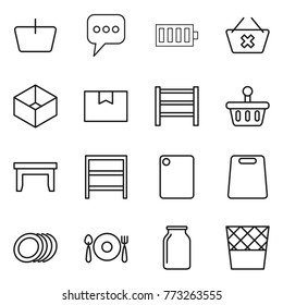Thin line icon set : basket, message, battery, delete cart, box, package, rack, table, cutting board, plates, fork spoon plate, bank, trash bin