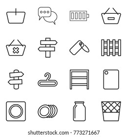 Thin line icon set : basket, discussion, battery, remove from, delete cart, singlepost, label, pallet, signpost, hanger, rack, cutting board, ring button, plates, bank, trash bin