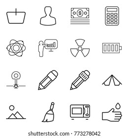 Thin line icon set : basket, man, money, calculator, atom, presentation, nuclear, battery, laser, pencil, tent, landscape, broom, microwave oven, hand drop