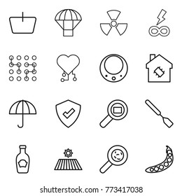 Thin line icon set : basket, parachute, nuclear, infinity power, chip, cardio, necklace, smart house, dry cargo, protected, search, spatula, ketchup, field, viruses, peas