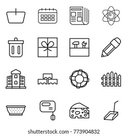 Thin line icon set : basket, calendar, newspaper, atom, bin, gift, tools, pencil, building, block wall, lifebuoy, fence, colander, mixer, cheese, scoop