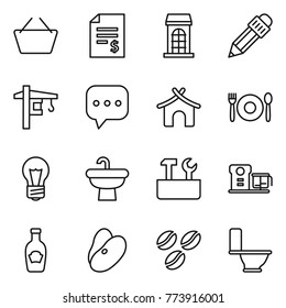 Thin line icon set : basket, account balance, building, pencil, tower crane, sms, bungalow, cafe, bulb, sink, repair tools, food processor, ketchup, beans, coffee seeds, toilet