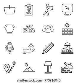 Thin line icon set : basket, report, courier, monitor arrow, hex molecule, bio, group, sun power, jet robot, chemical industry, pencil, mansion, route, landscape, floor lamp, construct garbage