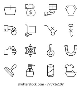 Thin line icon set : basket, money gift, hex molecule, hand coin, cargo stoller, do not trolley sign, hook, acid, handwheel, thermometer, horseshoe, scraper, liquid soap, cleanser powder