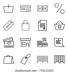 Thin line icon set : basket, card, money, percent, sale, shopping bag, account balance, delete cart, credit, shop, store, list, label, bar code