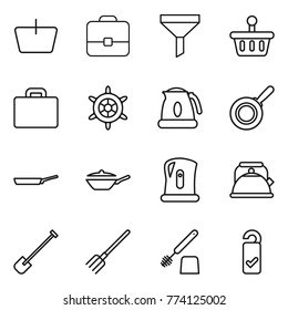 Thin line icon set : basket, portfolio, funnel, suitcase, handwheel, kettle, pan, shovel, fork, toilet brush, please clean