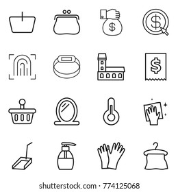 Thin line icon set : basket, purse, money gift, dollar arrow, fingerprint, smart bracelet, mansion, tax, mirror, thermometer, wiping, scoop, liquid soap, gloves, hanger