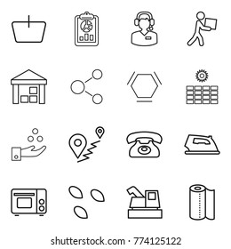 Thin line icon set : basket, report, call center, courier, warehouse, molecule, hex, sun power, chemical industry, route, phone, iron, grill oven, seeds, harvester, paper towel