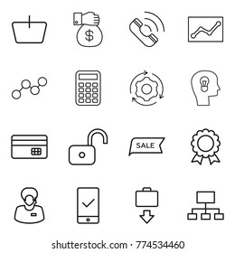 Thin line icon set : basket, money gift, call, statistics, graph, calculator, around gear, bulb head, credit card, unlock, sale, medal, support manager, mobile checking, baggage get, hierarchy