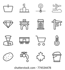 Thin line icon set : basket, pedestal, laser, weather management, diamond, arch, building, tower crane, security man, railroad shipping, cart, thermometer, potato, water tap, maple leaf, foam bucket