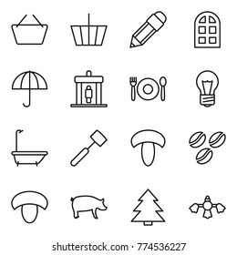 Thin line icon set : basket, pencil, arch window, dry cargo, detector, cafe, bulb, bath, meat hammer, mushroom, coffee seeds, pig, spruce, hard reach place cleaning