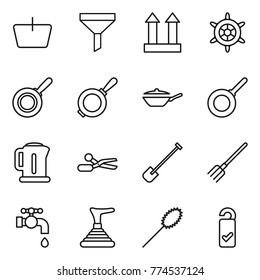 Thin line icon set : basket, funnel, cargo top sign, handwheel, pan, kettle, scissors, shovel, fork, water tap, plunger, duster, please clean