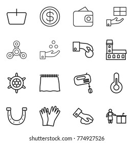 Thin line icon set : basket, dollar, wallet, gift, spinner, chemical industry, hand coin, mansion, handwheel, curtain, mixer, thermometer, horseshoe, gloves, wiping, kitchen cleaning