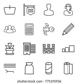 Thin line icon set : basket, shop signboard, man, call center, group, calculator, satellite, pencil, flower, houses, palace, sorting, lounger, flour, cleanser powder, paper towel