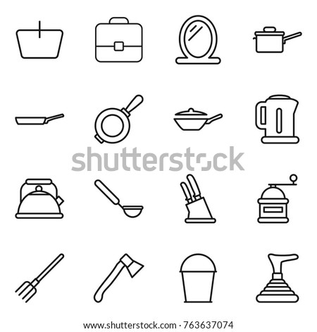 Thin line icon set : basket, portfolio, mirror, saute pan, kettle, ladle, knife holder, hand mill, fork, axe, bucket, plunger
