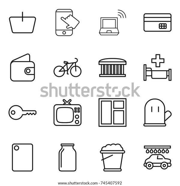 thin\
line icon set : basket, touch, notebook wireless, credit card,\
wallet, bike, airport building, hospital, key, tv, window, cook\
glove, cutting board, bank, foam bucket, car\
wash