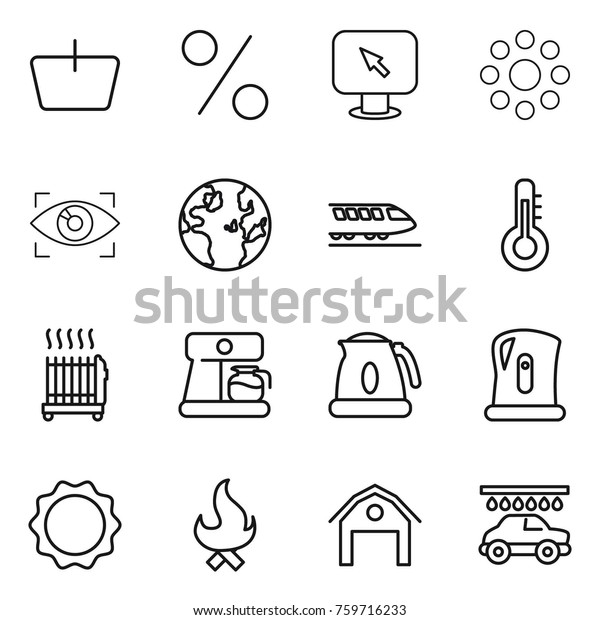 Thin line
icon set : basket, percent, monitor arrow, round around, eye
identity, globe, train, thermometer, radiator, coffee maker,
kettle, induction oven, fire, barn, car
wash