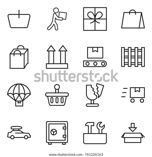 Thin\
line icon set : basket, courier, gift, shopping bag, cargo top\
sign, transporter tape, pallet, parachute delivery, broken, fast\
deliver, car baggage, safe, repair tools,\
package