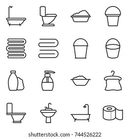 thin line icon set : bath, toilet, washing, bucket, towels, towel, shampoo, liquid soap, foam basin, hanger, water tap sink, paper