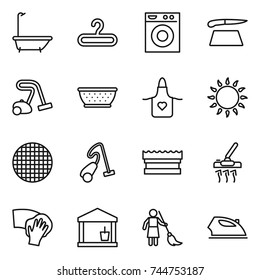 thin line icon set : bath, hanger, washing machine, cutting board, vacuum cleaner, colander, apron, gas oven, sieve, sponge, wiping, utility room, brooming, iron