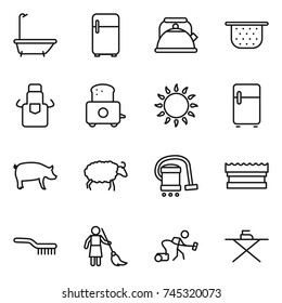 thin line icon set : bath, fridge, kettle, colander, apron, toaster, gas oven, pig, sheep, vacuum cleaner, sponge, brush, brooming, iron board
