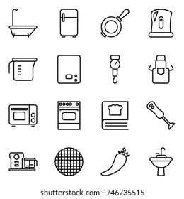 thin line icon set : bath, fridge, pan, kettle, measuring cup, kitchen scales, handle, apron, grill oven, cooking book, blender, food processor, sieve, hot pepper, water tap sink